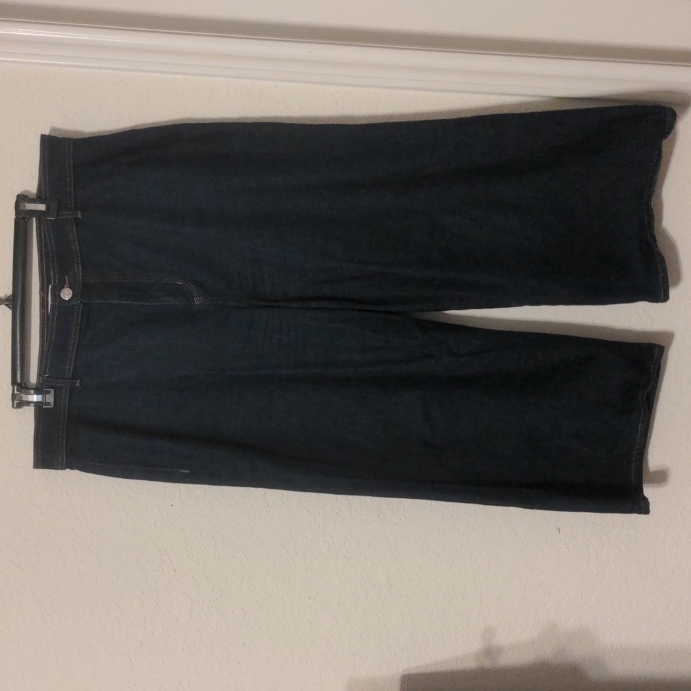 LOFT Dark Blue Wide Leg Chic Culotte Jeans with Orange Stitching. Size 32/14